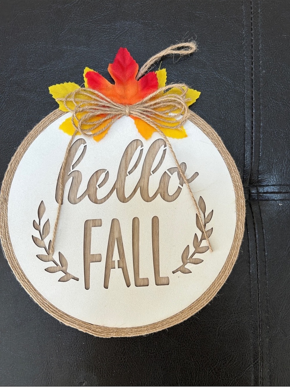 Hello Fall Wooden Round Sign - Neutral with Orange & Yellow Leaves